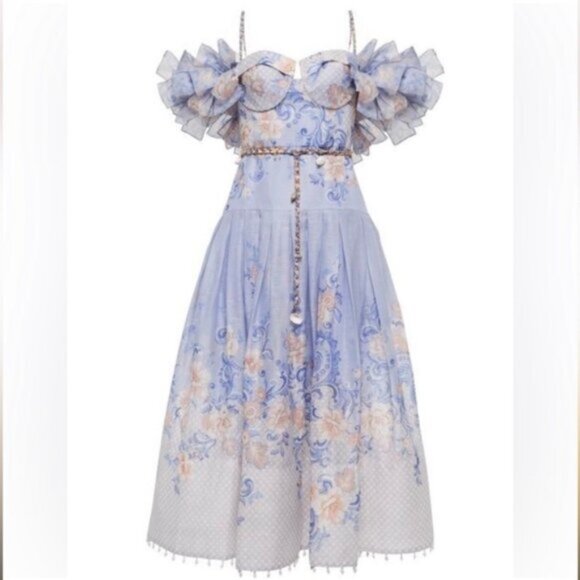 On Hold- ZIMMERMANN Postcard Bow Bodice Periwinkle Lilac Puff Sleeve Dress - Picture 2 of 7